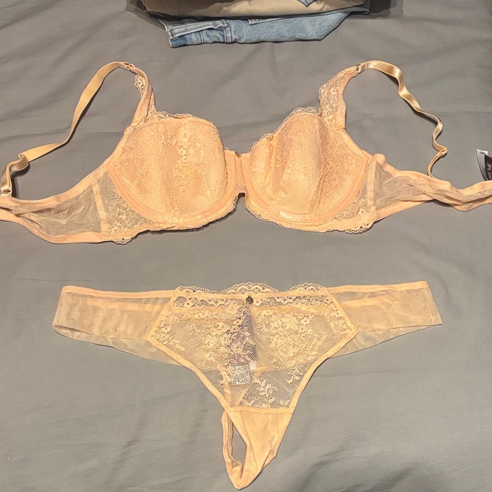 Adore Me Lace Bra and Panty Set in peach cream